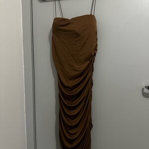Brown Ruched Bodycon Midi Dress